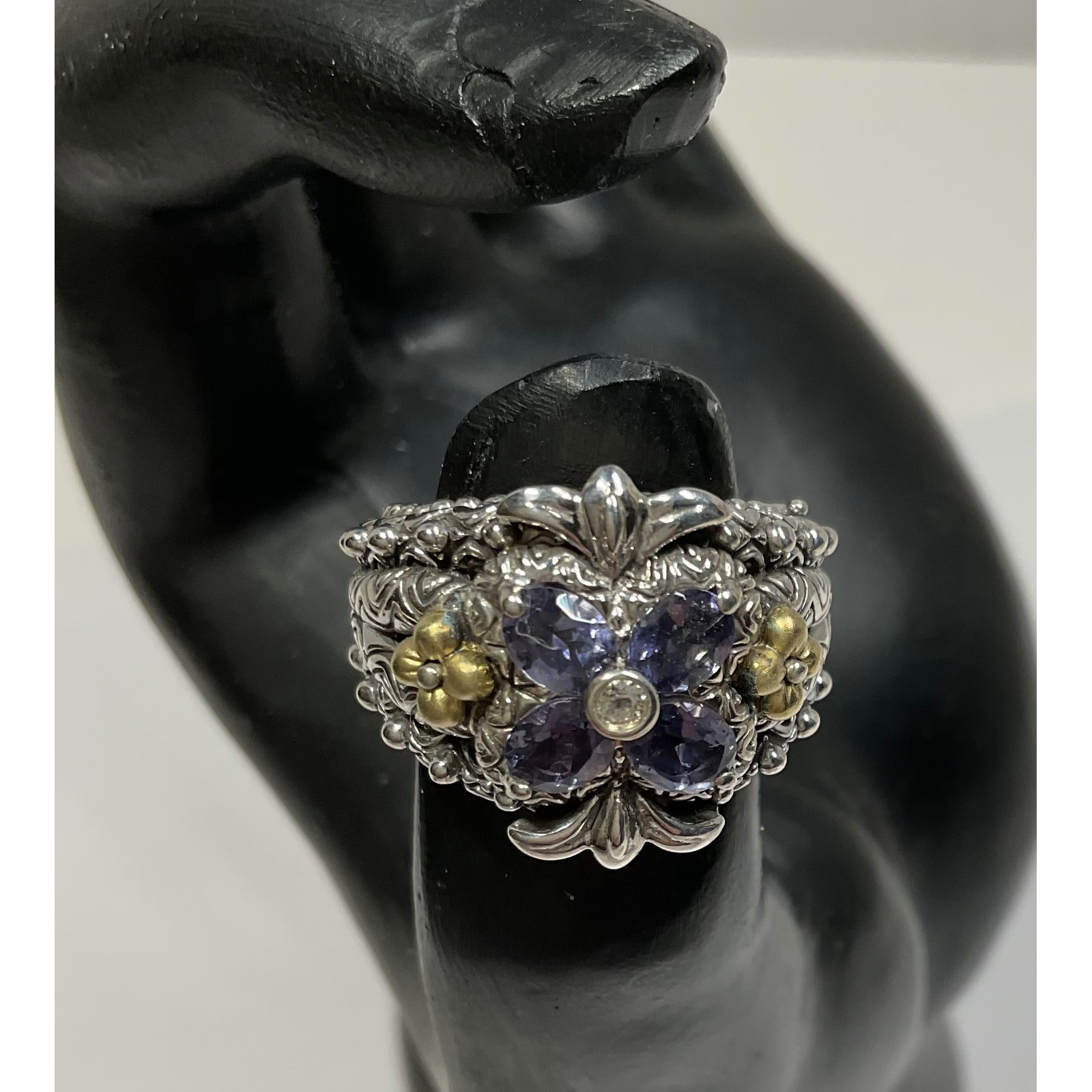 Barbara Bixby Sterling Silver 18k Gold Floral Iolite Ring Size 6 175$